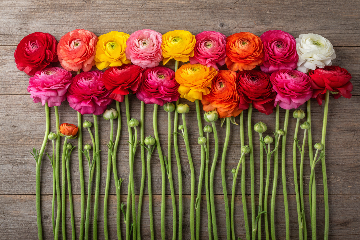 bright colored ranunculus stems lying in a row on a table with all the blooms at the top op the image